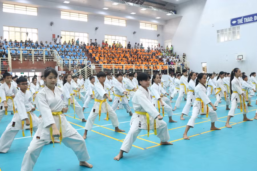 Màn đồng diễn võ thuật Karatedo của học sinh.