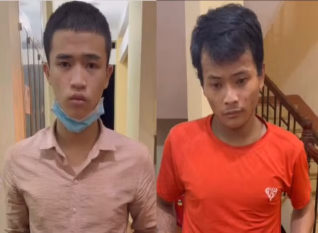 Nguyễn Lê Hữu Thiện (trái) và Vũ Bá Kiên tại cơ quan chức năng. Ảnh: Công an Bình Phước.
