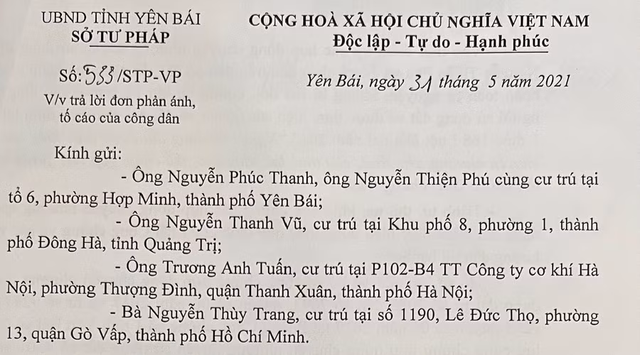 Sở Tư pháp tỉnh Yên Bái đã có văn bản trả lời về đơn kiến nghị của gia đình ông Thanh. Sở Tư pháp tỉnh Yên Bái đã có văn bản trả lời về đơn kiến nghị của gia đình ông Thanh.