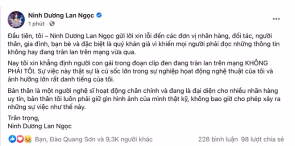 Status của Ninh Dương Lan Ngọc trên Facebook