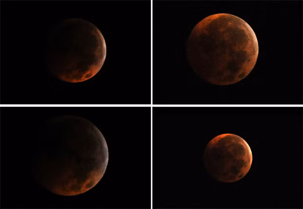 This combination of pictures shows the total lunar eclipse as seen from Silver Spring, Maryland, USA