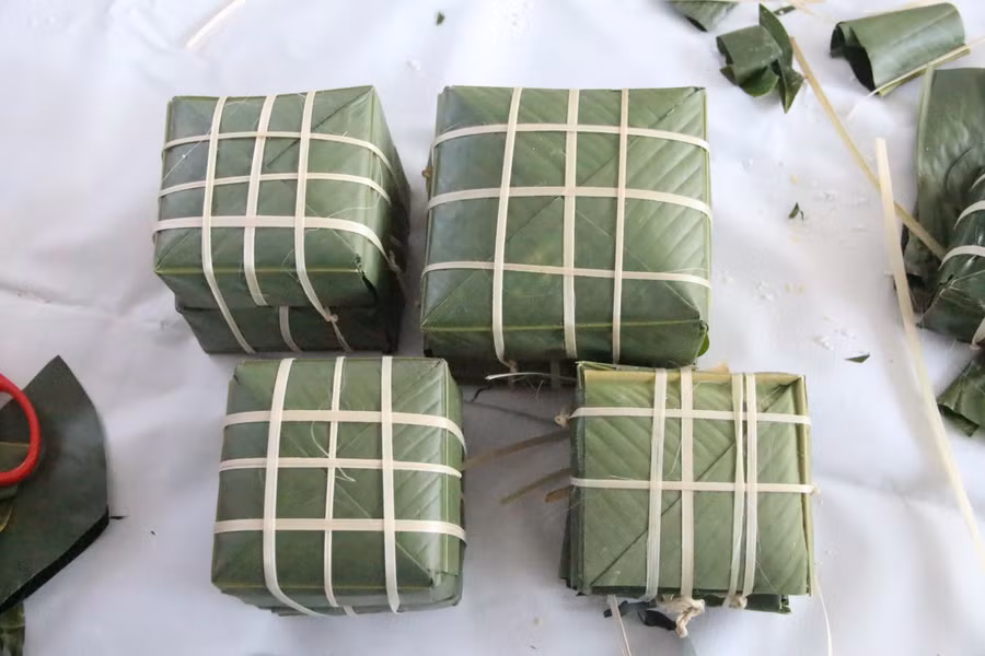 Những chiếc bánh chưng vuông vức được các bạn lưu học sinh tự tay gói.