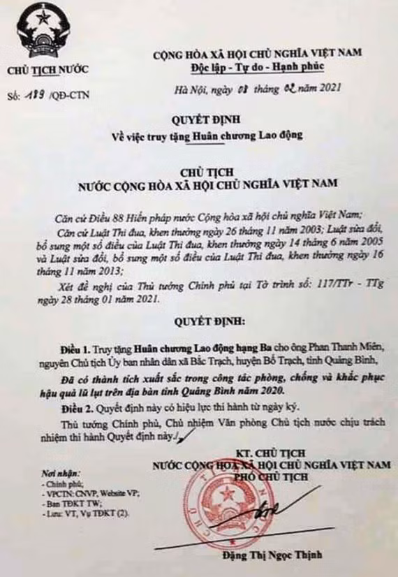 Quyết định của Chủ tịch nước truy tặng Huân chương Lao động hạng Ba cho ông Phan Thanh Miên.