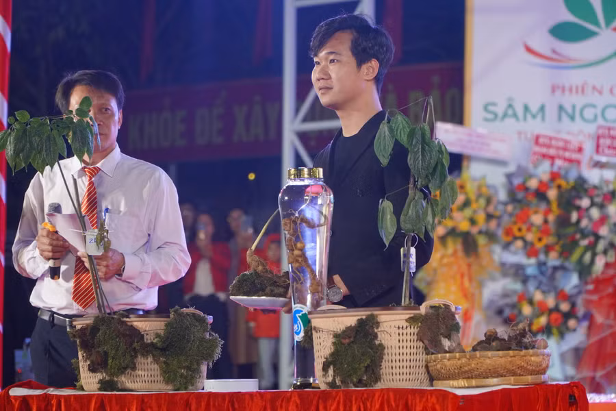 Du khách Nguỵ Hoàng Tây (tỉnh Quảng Nam) trúng đấu giá củ sâm Ngọc Linh nặng hơn 250 gram.