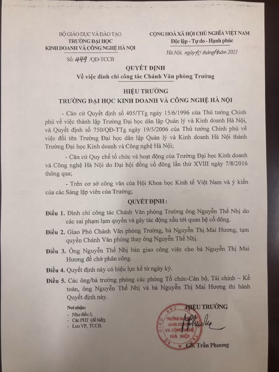 Trường ĐH Kinh doanh và Công nghệ Hà Nội đình chỉ chức danh, công tác Phó Hiệu trưởng và Chánh Văn phòng ảnh 2