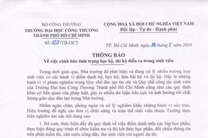 Thông báo của Trường Đại học Công Thương TPHCM về cảnh báo tình trạng học hộ, thi hộ diễn ra trong sinh viên. Ảnh: HUIT