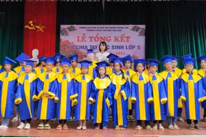 Lễ tổng kết năm học 2023 - 2024 của Trường PTDTBT Tiểu học Dào San (huyện Phong Thổ, Lai Châu). Ảnh: NTCC
