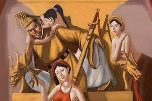 Tranh minh họa vua Trần Dụ Tông đi chơi bị trộm mất ấn tín và gươm báu.