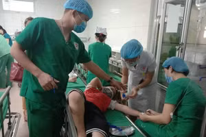 Các em học sinh bị ong đốt đang điều trị tại Bệnh viện 115 Nghệ An.