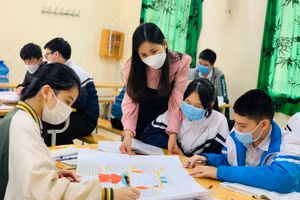 Cô Nguyễn Thị Thu Hà quan sát học sinh lớp 9B, Trường THCS Cù Chính Lan, TP Thanh Hóa triển khai sơ đồ tư duy ở môn Ngữ văn.