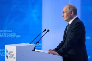 Tổng thống Nga Vladimir Putin phát biểu tại Diễn đàn Công nghệ Tương lai tại Moscow ngày 14/2/2024. 