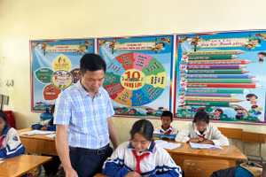 Lãnh đạo Phòng GD&ĐT huyện Điện Biên Đông kiểm tra tiết học của học sinh trường PTDTBT THCS Phì Nhừ.