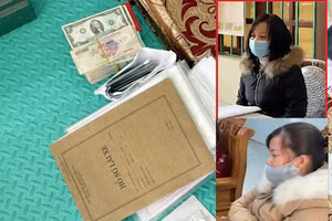 Đối tượng Hoàng Thị Ngọc Quỳnh (áo đen) và Nông Thị Nguyệt tại cơ quan điều tra.