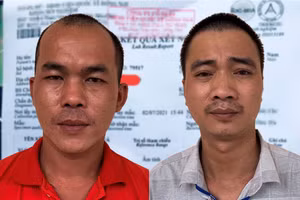 Nguyễn Văn Tý (trái) và Huỳnh Ngọc Quỳnh tại cơ quan chức năng. Ảnh: Công an Bình Dương.