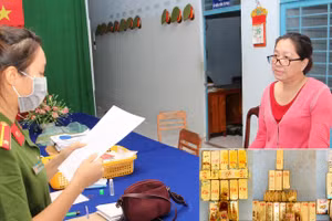 Nguyễn Thị Kim Hạnh (tức Mười Tường) nghe đọc lệnh bắt giam. Ảnh: Công an An Giang.