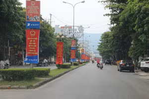 Các con đường tại TP. Hòa Bình được trang hoàng bởi cờ hoa lộng lẫy.