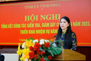 Bà Hoàng Thị Thúy Lan, Bí thư Tỉnh ủy Vĩnh Phúc phát biểu tại hội nghị. (Ảnh: Trà Hương)