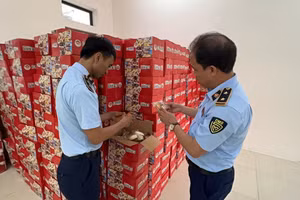 Hàng nghin thùng thực phẩn là bánh bông lan, táo đỏ sấy khô, hạt hướng dương... không có hóa đơn chứng từ bị lực lượng chức năng thu giữ.