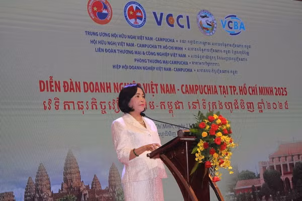 Bà Nguyễn Thị Thanh, Phó Chủ tịch Quốc hội, Chủ tịch Trung ương Hội Hữu nghị Việt Nam – Campuchia phát biểu khai mạc diễn đàn. Ảnh: VGP