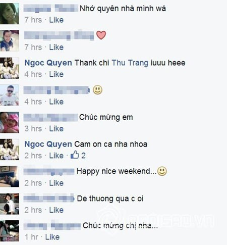 Người hâm mộ vào chúc mừng người mẫu có tin vui. Nữ diễn viên gửi lời cám ơn chân thành đáp lại sự quan tâm của moi người. Ngọc Quyên úp mở thông tin mang thai con đầu lòng