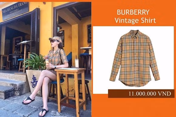 Set đồ của Burberry gồm nón và sơ mi không chỉ giúp Kỳ Duyên khoe da khoe dáng mà còn rất phù hợp với phong cách hoài cổ của phố Hội. Để sở hữu item này, người đẹp đã chi 11 triệu đồng.
