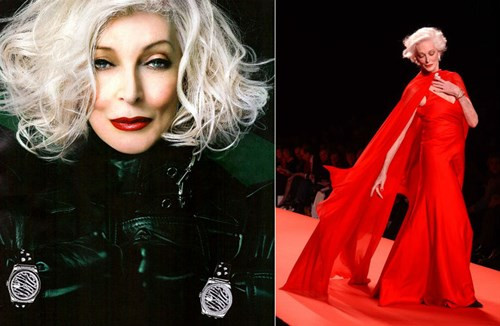 Carmen Dell’Orefice, 83 tuổi, là một người mẫu kiêm diễn viên Mỹ. Bà nổi tiếng trong làng mẫu bởi là người mẫu già nhất xuất hiện trên sàn catwalk Hè/Thu năm 2012. Thực tế, Carmen đã xuất hiện trên bìa tạp chí Vogue từ năm 15 tuổi và từ đó đến giờ vẫn miệt mài bám sàn catwalk. Tuy nhiên sự nghiệp của bà bị chững lại ngay khi mới chập chững khi công ty mẫu Eileen Ford từ chối đại diện cho bà và tạp chí Vogue cũng không còn hứng thú mời Carmen làm mẫu nữa.