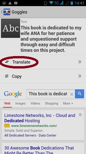 Dịch văn bản qua hình ảnh chụp bằng Google Goggles: Dòng text nhận diện được sẽ cho người dùng các lựa chọn, hoặc dịch ra (Translate) hoặc sao chép (Copy) hoặc tra Google. Hãy chọn Translate (khoanh đỏ). E5-Google-Goggles-Dich-van-ban-qua-hinh-anh-chup-Nhan-dien-text.jpg