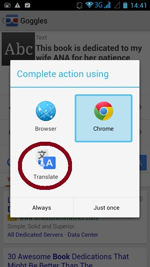 Dịch văn bản qua hình ảnh chụp bằng Google Goggles: Sau khi ấn Translate, người dùng sẽ có lựa chọn dịch nhờ Google Translate (khoanh đỏ). E6-Google-Goggles-Dich-van-ban-qua-hinh-anh-chup-Nhan-dien-text.jpg