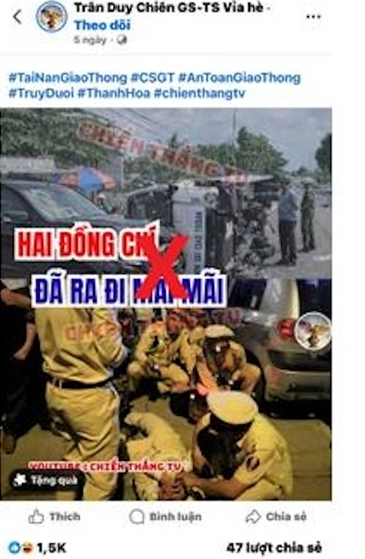 Thông tin 2 chiến sĩ CSGT tử vong khi truy đuổi phương tiện vi phạm lan truyền trên mạng là thông tin bịa đặt.