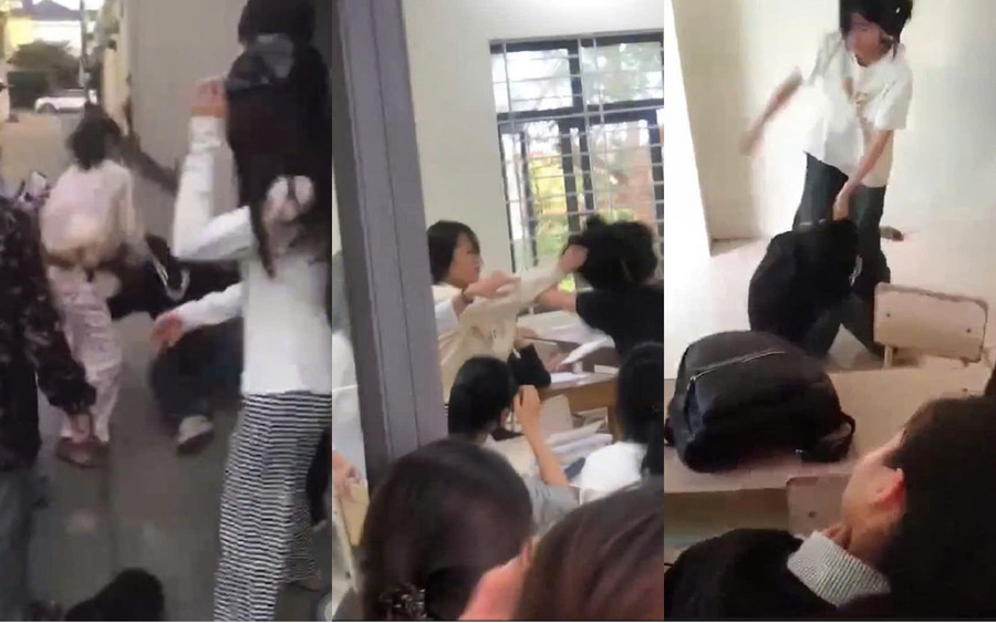 Hình ảnh nữ sinh bị bạn tấn công nhiều lần. (Ảnh: cắt từ clip).