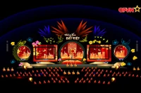 Phối cảnh sân khấu chương trình 'Đường xuân đất Việt 2026 - Hội tụ' thể hiện rõ quy mô cầu truyền hình lớn, gắn kết Hà Nội với các điểm cầu trên cả nước và quốc tế.