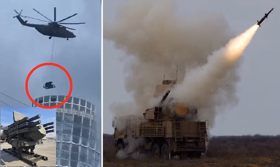 Trực thăng Nga cẩu Pantsir lên nóc nhà đánh chặn UAV Ukraine