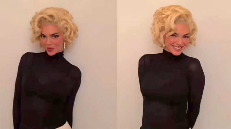 Kendall Jenner (trái) trong phục cổ điển lấy cảm hứng từ Marilyn Monroe. Điểm nhấn gợi nhớ đến Marilyn Monroe nằm ở chiếc nốt ruồi quen thuộc của nữ minh tinh. 10 trang phục Halloween đẹp bất ngờ của sao thế giới
