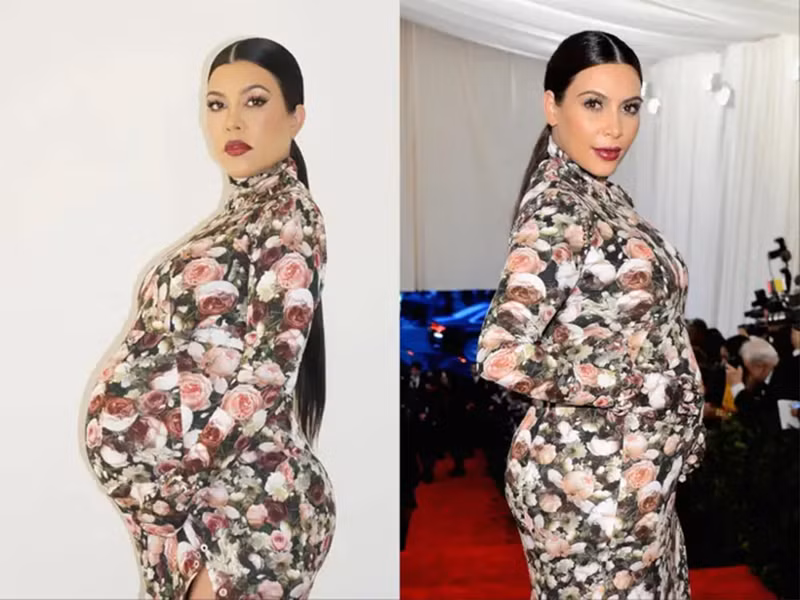 Kourtney Kardashian (trái) lấy cảm hứng từ một tấm ảnh trong tạp chí thời trang của chị gái Kim Kardashian và tái hiện bộ trang phục bà bầu đầy hoa từng “gây bão” tại thảm đỏ Met Gala. 10 trang phục Halloween đẹp bất ngờ của sao thế giới