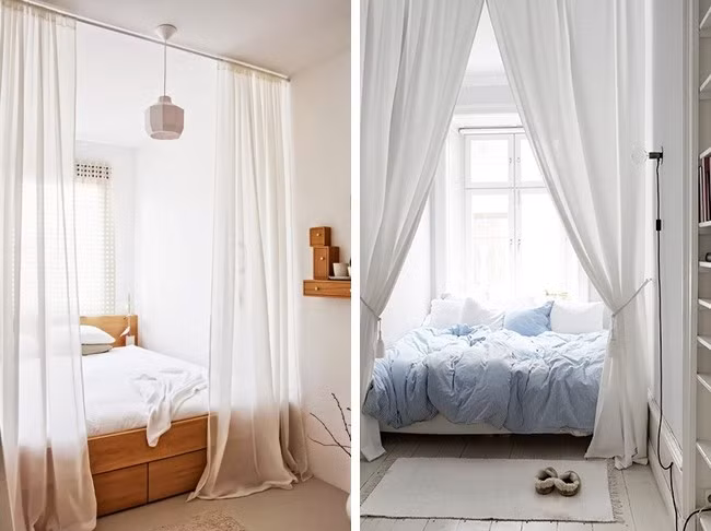Sử dụng rèm cho giường ngủ thay cho vách ngăn, khi cần thiết và kéo rèm tạo sự thông thoáng, rộng rãi cho không gian khi không sử dụng. Mẹo biến nhà chật trở nên rộng rãi bất ngờ