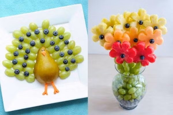 Tạo hình chú công và bình hoa từ nho xanh, dưa hấu, lê, táo. Cách làm con vật từ hoa quả siêu đáng yêu bày cỗ Trung thu