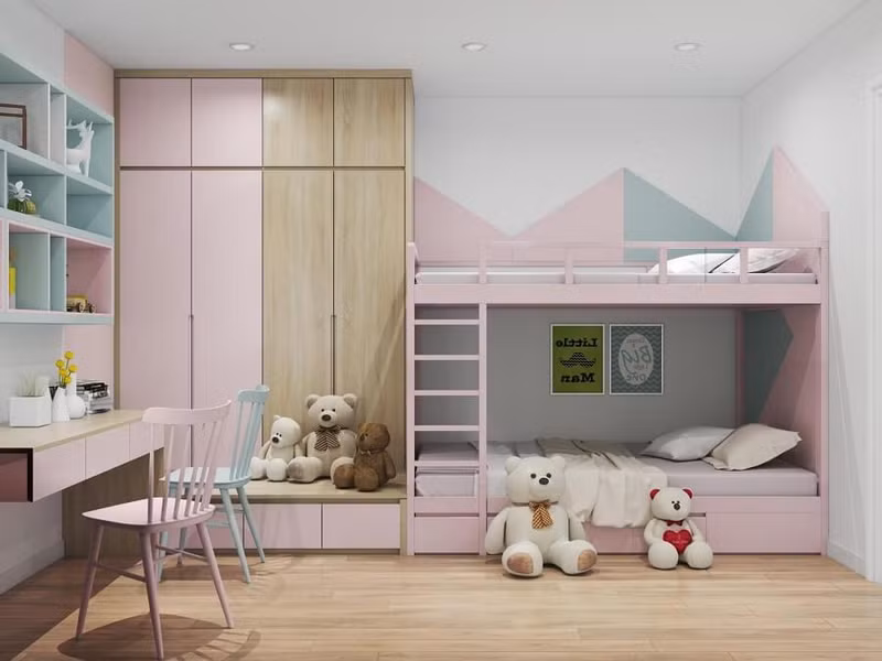 Việc thiết kế phòng ngủ chung cho bé trai và gái hoàn toàn hợp lý bởi nhiều lý do: Các bé còn nhỏ, khi ở cùng nhau sẽ học được cách quan tâm, chăm sóc nhau. Những mẫu phòng ngủ chung cho bé trai và bé gái đẹp mê ly