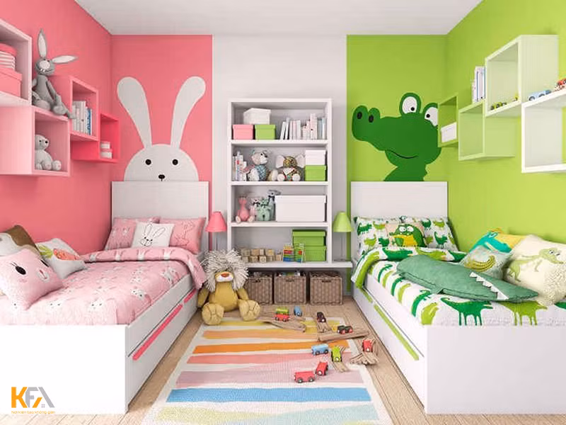Mẫu thiết kế phòng ngủ chung cho bé trai và bé gái trang trí nhân vật hoạt hình cute. Những mẫu phòng ngủ chung cho bé trai và bé gái đẹp mê ly