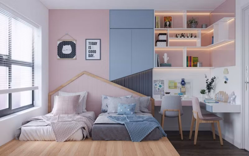 Nếu không đủ kinh phí để trang bị hai giường thì hãy chuẩn bị hai tấm nệm với màu sắc cùng hình ảnh trang trí phù hợp với giới tính cũng như sở thích của từng bé. Những mẫu phòng ngủ chung cho bé trai và bé gái đẹp mê ly