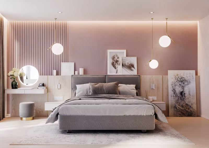 Phòng ngủ màu hồng phấn phấn dành cho cặp đôi mới cưới được kết hợp những chiếc đèn tròn từ trên trần nhà rủ xuống, tạo nên không gian sang trọng, bắt mắt. Gợi ý cách trang trí phòng ngủ lãng mạn, ấm cúng