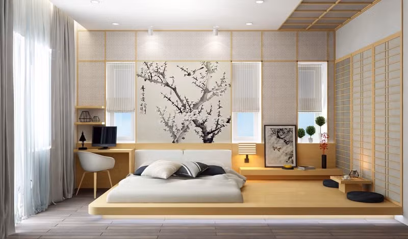 Phòng ngủ tối giản kiểu Nhật thường không lạm dụng quá nhiều đồ nội thất, chỉ bố trí những món đồ cơ bản và kiểu dáng thấp giúp căn phòng thông thoáng, rộng rãi hơn. Gợi ý cách trang trí phòng ngủ lãng mạn, ấm cúng