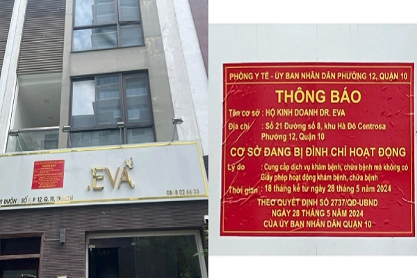 Hộ kinh doanh "Dr Eva" tại địa chỉ số 21, đường số 8, khu Hà Đô Centrosa, phường 12, bị UBND quận 10 dán biển cảnh báo "Cơ sở đang bị đình chỉ hoạt động". (Ảnh: Sở Y tế TPHCM)