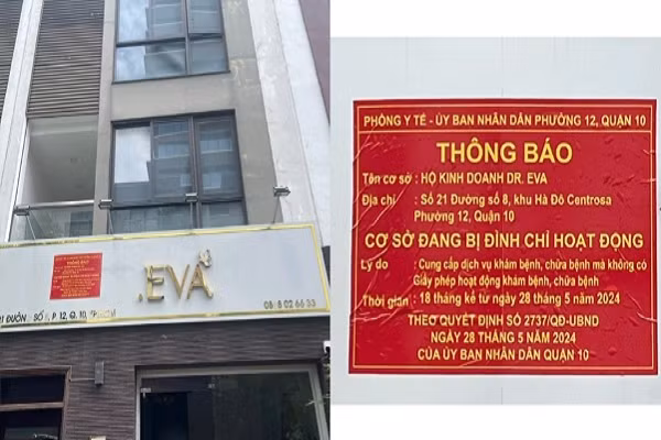 Hộ kinh doanh "Dr Eva" tại địa chỉ số 21, đường số 8, khu Hà Đô Centrosa, phường 12, bị UBND quận 10 dán biển cảnh báo "Cơ sở đang bị đình chỉ hoạt động". (Ảnh: Sở Y tế TPHCM)