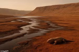 Sự sống phức tạp hơn khó có thể tiến hóa vì khí hậu Sao Hỏa đã thay đổi nhanh chóng khoảng một tỷ năm sau khi những vi khuẩn đầu tiên xuất hiện. Điều này có nghĩa là các sinh vật phức tạp như động vật có lẽ không có đủ thời gian để phát triển. Ảnh: AI tạo ra