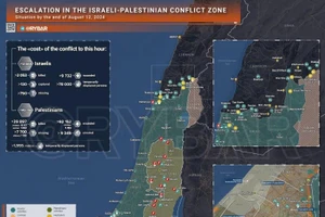 Bản đồ xung đột Israel - Hamas ngày 12/8. (Ảnh: Rybar)