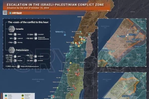 Bản đồ xung đột Israel-Hamas ngày 15/10. (Ảnh: Rybar)