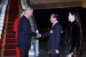 Đại biểu đón Nhà vua Bỉ Philippe và Hoàng hậu Mathilde tại sân bay quốc tế Nội Bài. (Ảnh: An Đăng/TTXVN) 