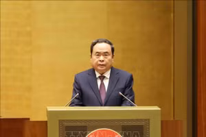 Ông Trần Thanh Mẫn, Uỷ viên Bộ Chính trị, Chủ tịch Quốc hội quán triệt chủ trương, giải pháp về thể chế pháp luật để đột phá phát triển khoa học, công nghệ, đổi mới sáng tạo và chuyển đổi số quốc gia. (Ảnh: Phương Hoa/TTXVN)