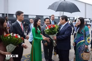 Cán bộ, nhân viên Đại sứ quán Việt Nam tại Brazil đón Thủ tướng Phạm Minh Chính và Phu nhân. (Ảnh: Dương Giang/TTXVN) 