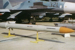Mô hình tên lửa không đối không KS-172 của Nga trước máy bay SU-30MK. (Nguồn: Wikimedia)